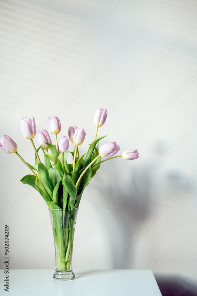 Mother day mockup tulip flowers. Minimal Banner mockup with lilac tulip flowers on white table and light wall background. Bouquet of delicate spring tulips in a minimalist style Mother day mockup tulip flowers. Minimal Banner mockup with lilac tulip flowers on white table and light wall background. Bouquet of delicate spring tulips in a minimalist style