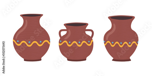 A set of ceramic vase and jug. Pottery. Vector illustration.