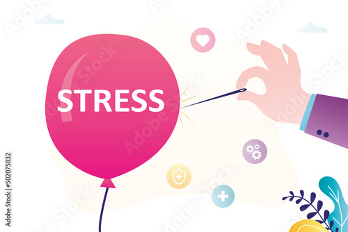 Psychology pressure, mental health. Stress management, relaxation to relieve anxiety from your mind. Reduce stress. Doctor help solve anxiety problem using needle to burst stress balloon.