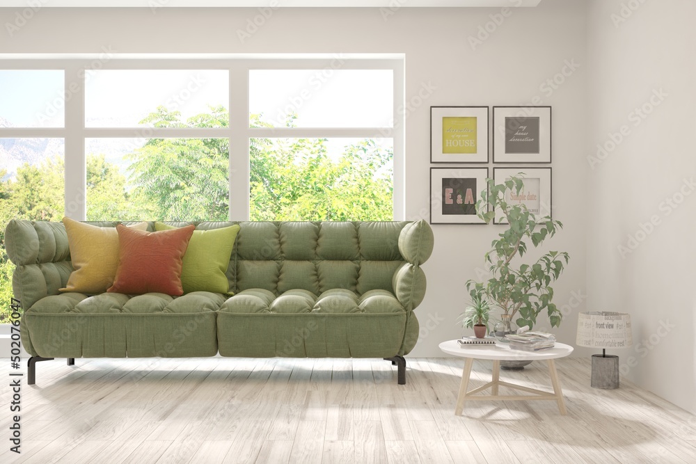 White living room with sofa and summer landscape in window. Scandinavian interior design. 3D illustration White living room with sofa and summer landscape in window. Scandinavian interior design. 3D illustration