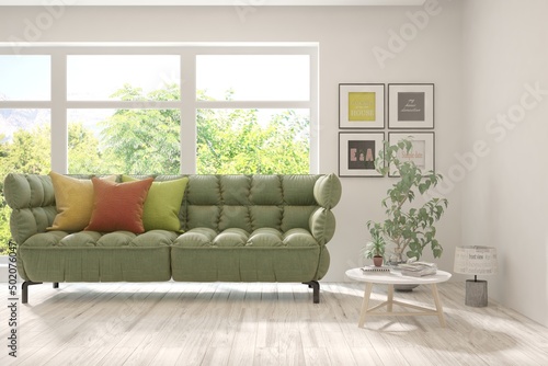 White living room with sofa and summer landscape in window. Scandinavian interior design. 3D illustration © AntonSh