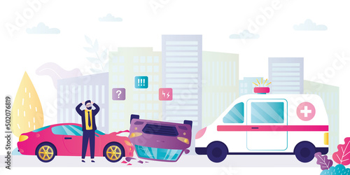 Shocked man standing by wrecked cars. Driver called ambulance to scene of accident