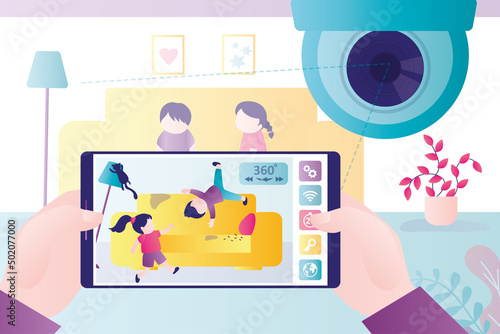 Parents monitor children through CCTV cameras. People installed surveillance camera in kids room