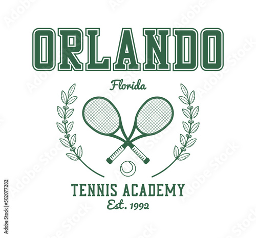 Orlando, Florida tennis academy t-shirt design. Tee shirt and apparel print with tennis racquet, tennis ball and laurel wreath. Vector illustration.