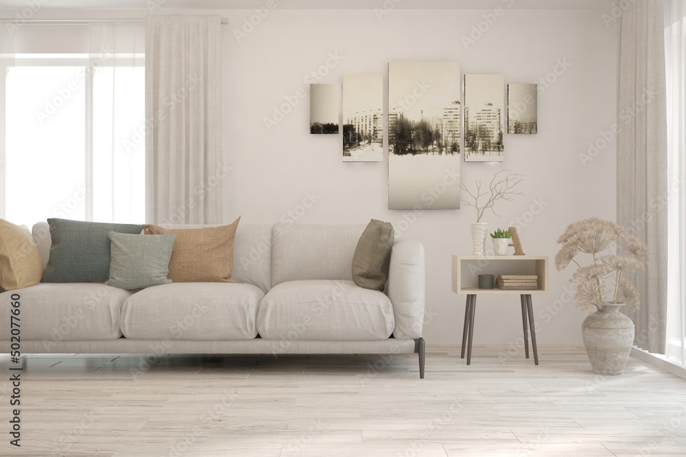 White living room with sofa. Scandinavian interior design. 3D illustration White living room with sofa. Scandinavian interior design. 3D illustration