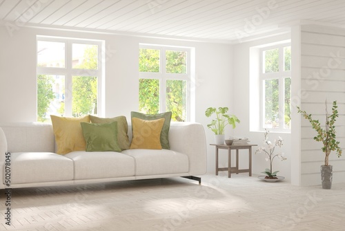 White living room with sofa and summer landscape in window. Scandinavian interior design. 3D illustration