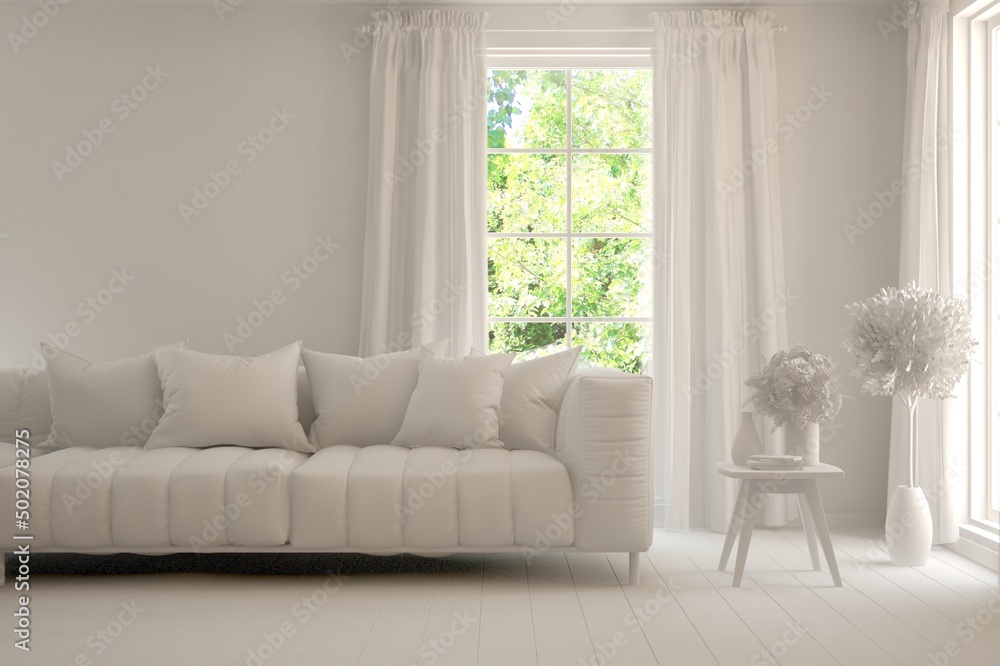 Fototapeta premium Mock up of stylish room in white color with sofa and green landscape in window. Scandinavian interior design. 3D illustration