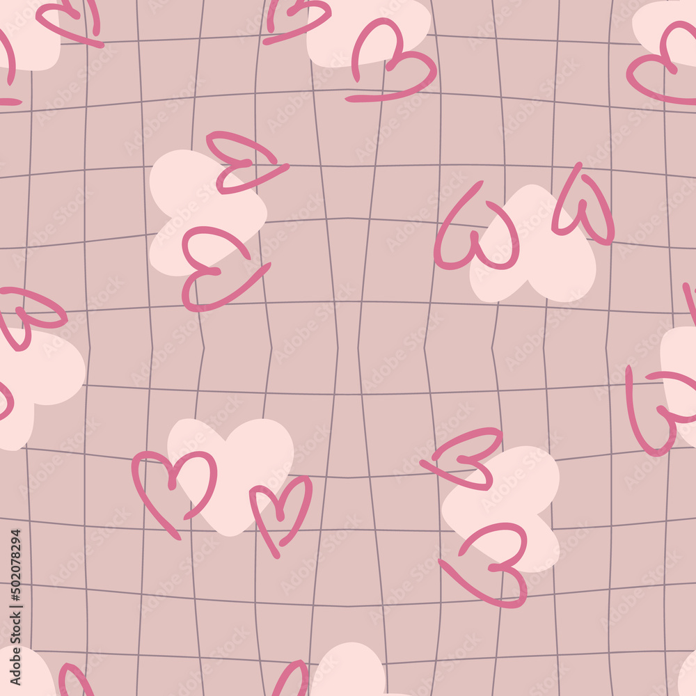 Trippy grid retro checkerboard seamless pattern with hearts. Checkered background with distorted squares. Funky doodle vector illustration for decor and design. Trippy grid retro checkerboard seamless pattern with hearts. Checkered background with distorted squares. Funky doodle vector illustration for decor and design.