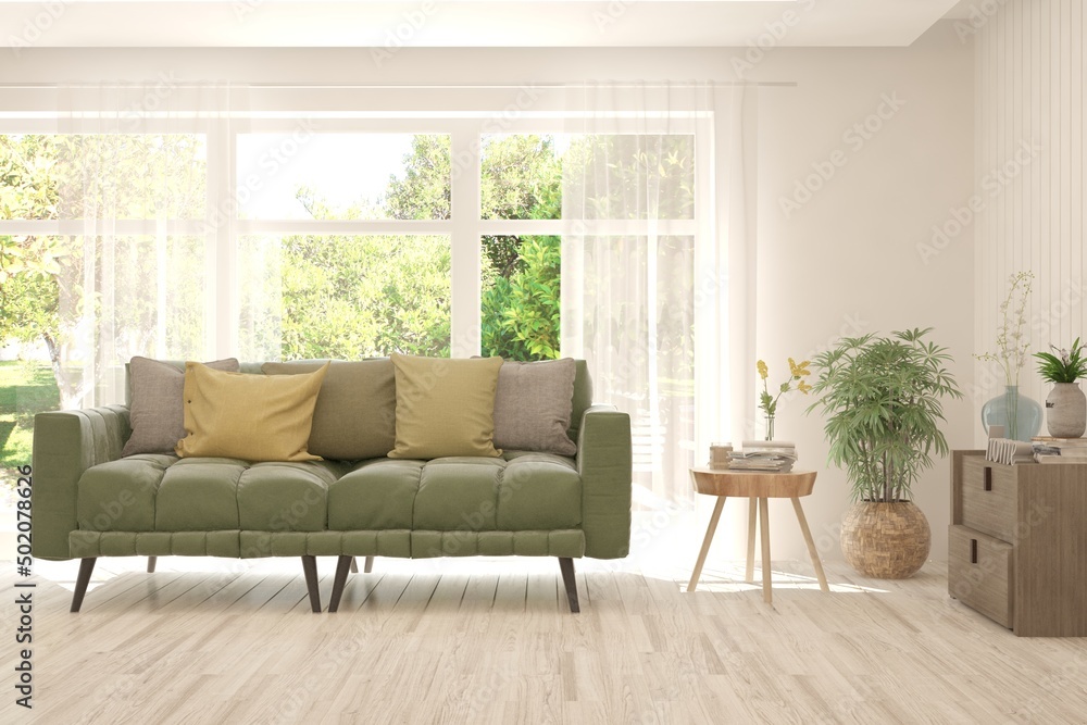 White living room with sofa and summer landscape in window. Scandinavian interior design. 3D illustration