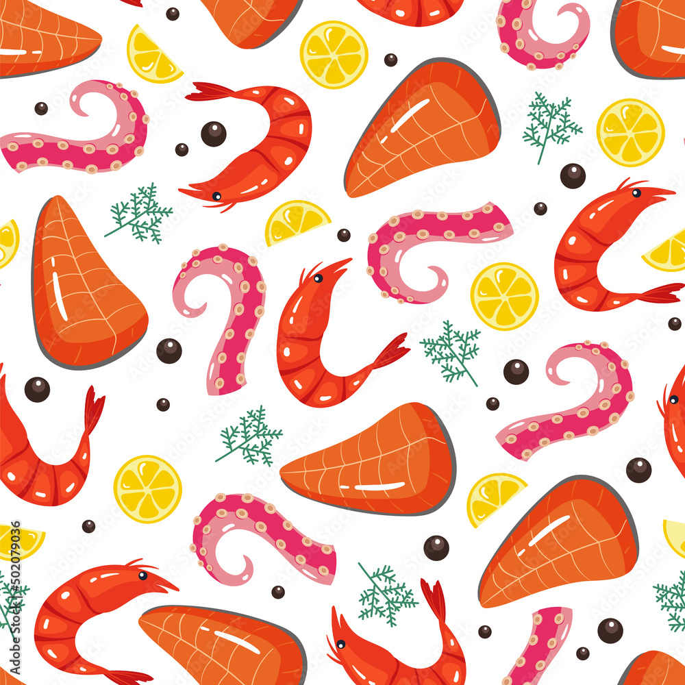 Seafood salmon octopus shrimp seamless cover wrapping pattern. Vector cartoon design illustration