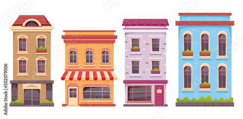 Old fashioned Europe city town buildings set. Vector cartoon design element illustration