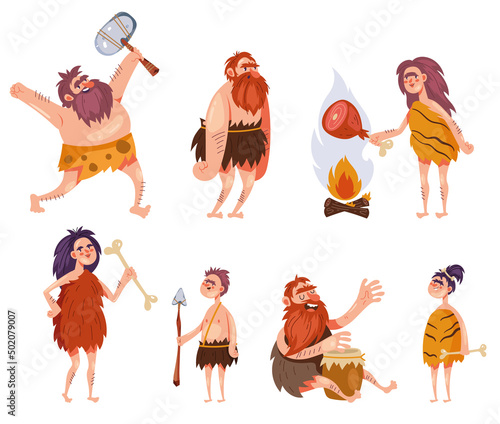 Cave age people family tribe isolated set. Vector cartoon design element illustration
