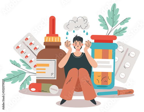 Depression mental illness medication drugs pills dependence concept.  Vector cartoon design element illustration