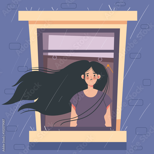 Woman character suffering depression and nightmare concept. Vector cartoon design element illustration