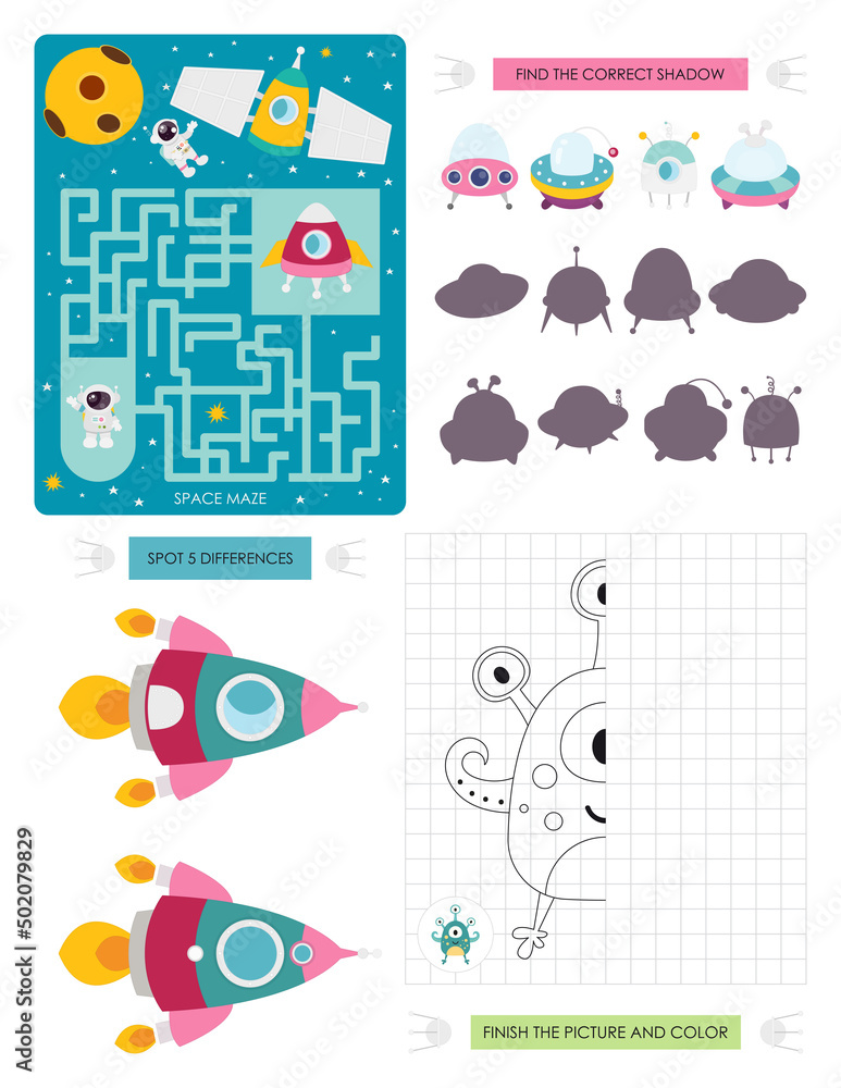 Space Activity pages for kids. Printable activity sheet with mini games – Maze game, Spot 5 differences, Finish the Picture, Find the correct shadow. Vector illustration. Cartoon Space characters.