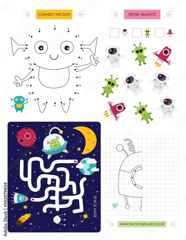 Space Activity pages for kids. Printable activity sheet with mini games – Maze game, Dot to dot, Finish the Picture, How Many. Vector illustration.