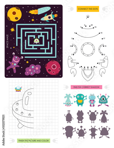 Space Activity pages for kids. Printable activity sheet with mini games     Maze game  Dot to dot  Finish the Picture  Find the correct shadow. Vector illustration. Cartoon Space characters.