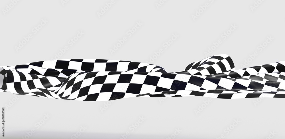 Fototapeta premium Black and white checkered curved flag or ribbon, sport banner on dark background