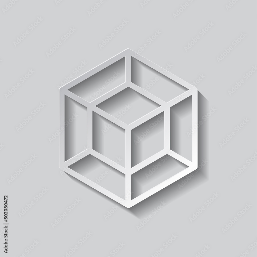 Cube, tesseract simple icon. Flat design. Paper style with shadow. Gray background.ai Cube, tesseract simple icon. Flat design. Paper style with shadow. Gray background.ai