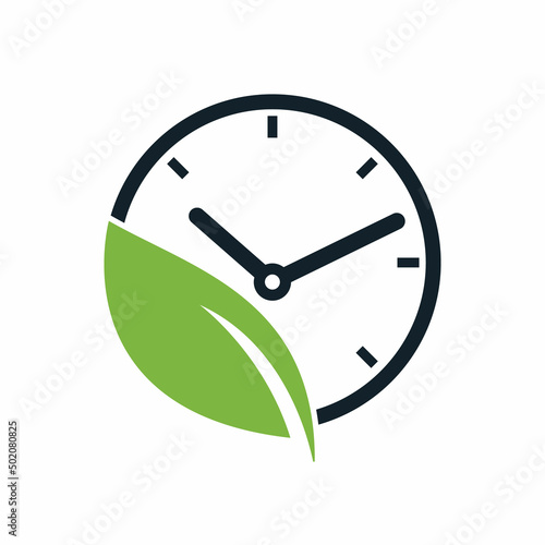 Nature time vector logo design. Vector clock and leaf logo combination. photo
