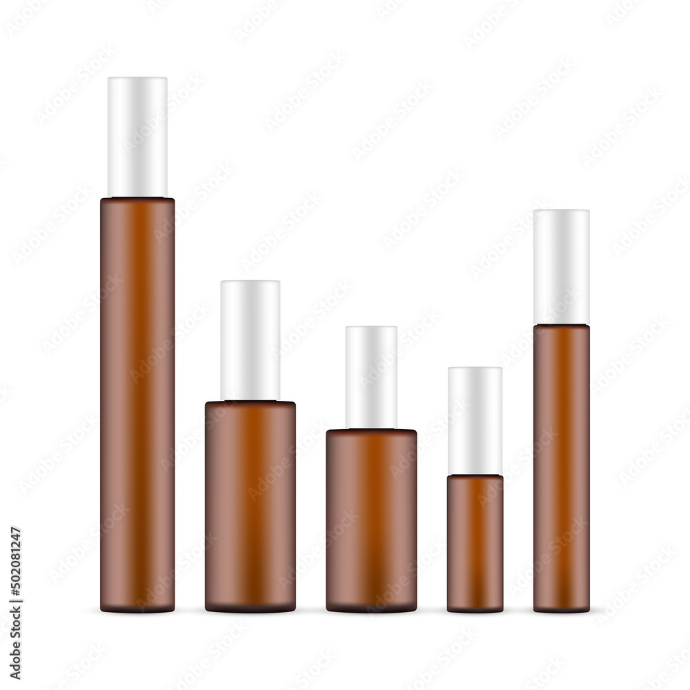 Amber Glass Cosmetic Perfume Spray Bottles Set, Isolated on White Background. Vector Illustration Amber Glass Cosmetic Perfume Spray Bottles Set, Isolated on White Background. Vector Illustration