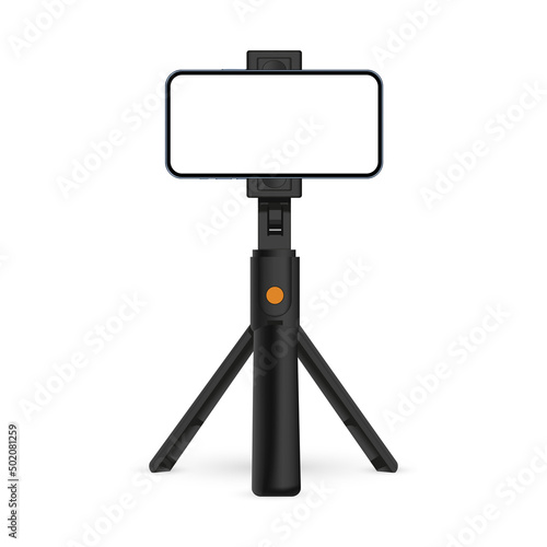 Tripod Stand With Smartphone Blank Horizontal Screen, Isolated On White Background. Vector Illustration photo