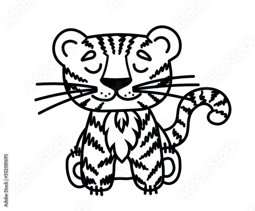 Fototapeta Naklejka Na Ścianę i Meble -  Drawing of a striped tiger. Cute animal for postcards, calendars, souvenirs. Vector image.