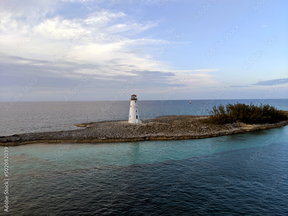 Lighthouse on Rocky Island in the Bahamas near Ocean