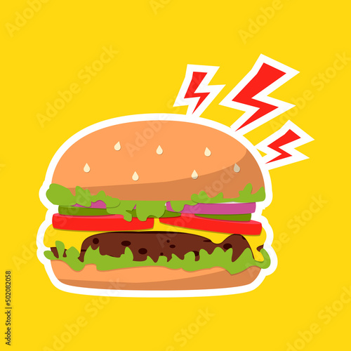 simple Burger icon. burger with lightning. Vector Fast food illustration flat icon juicy delicious hamburger isolated on yellow background. 
