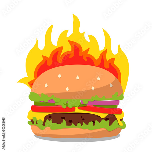 spicy burger with fire icon. Vector Fast food illustration flat icon juicy delicious hamburger isolated on white background.