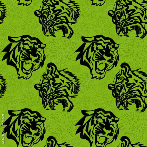 Green leaves with tiger seamless pattern