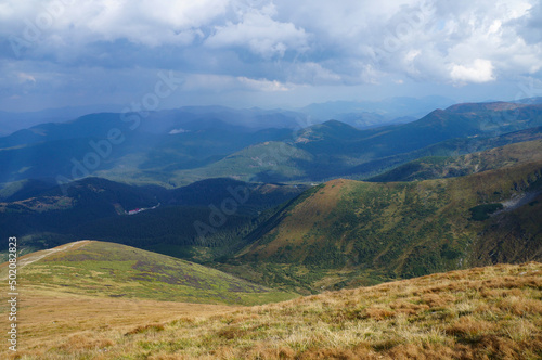 View of the Carpathian Mountains from the Ukrainian Mount Hoverla. 