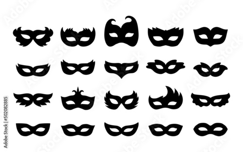 Set of carnival masks silhouettes. Simple black icons of masquerade masks, for party, parade and carnival, for Mardi Gras and Halloween. Mask elements can be used as isolated sign, symbol or icon. © LENNAMATS