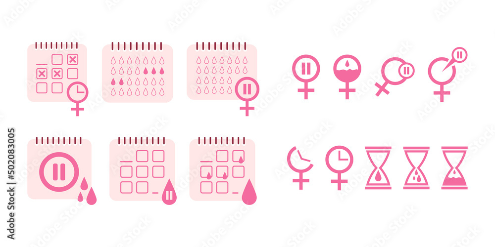 Set of icons for menstruation and menopause. Women's calendar, gynecological pink icons for menstruation period and menopause. Female period vector elements in flat style isolated on white background. Set of icons for menstruation and menopause. Women's calendar, gynecological pink icons for menstruation period and menopause. Female period vector elements in flat style isolated on white background.