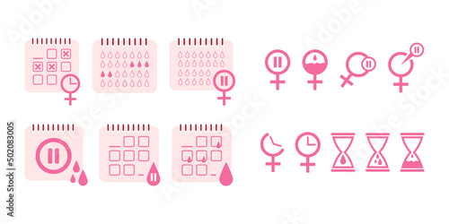 Set of icons for menstruation and menopause. Women's calendar, gynecological pink icons for menstruation period and menopause. Female period vector elements in flat style isolated on white background.