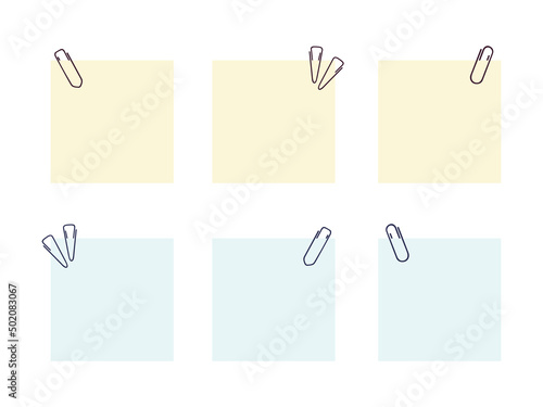 Square sheets for notes with paper clips. Empty pieces of paper for text, quotes, comments or messages. Stationery elements stickers for scrapbooking. Vector elements isolated on white background.