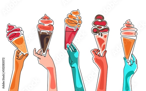 Set of Conical Ice Cream in Hands. Abstract Background with sweets.
Vector il...