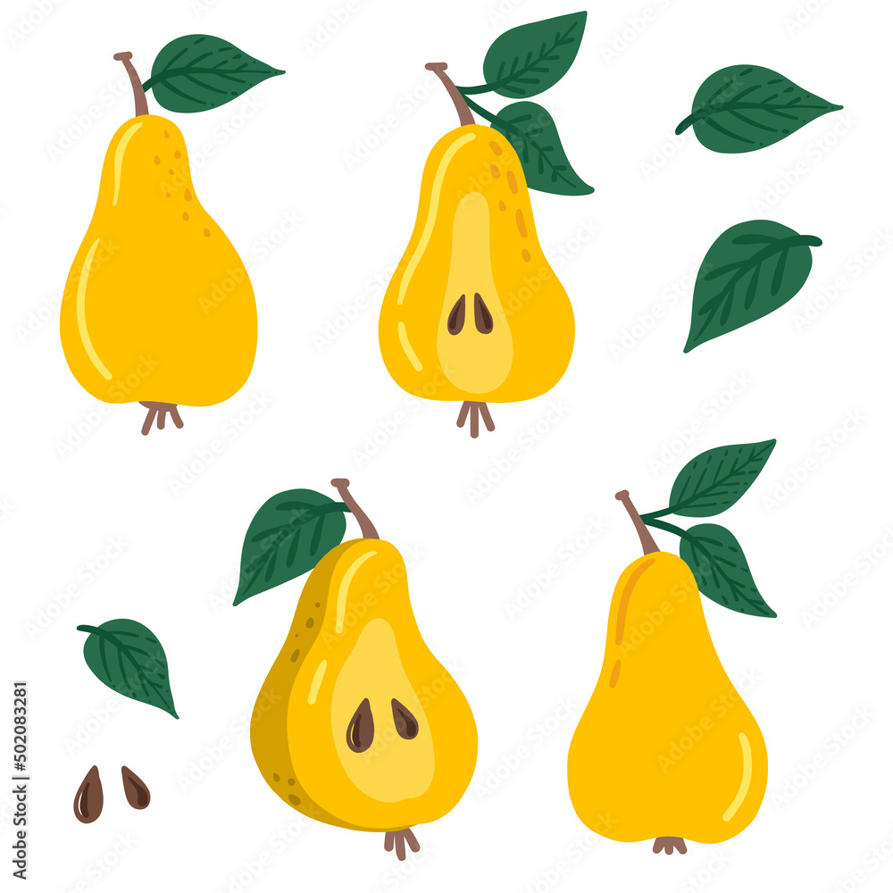 Pear set. Slice of pear, leaves Pear set. Slice of pear, leaves