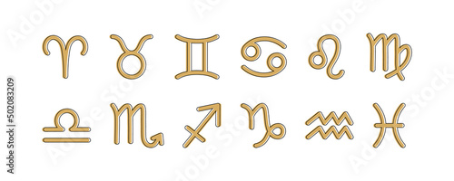 Zodiac signs set. Astrological symbols of twelve zodiacal constellations. Vector flat illustrations, isolated on white background. Astrological horoscope elements and celestial constellations icons.