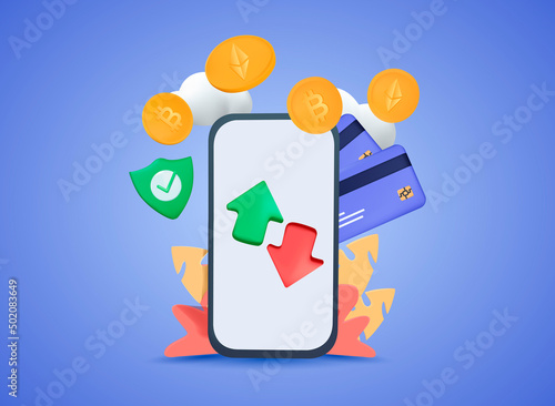 Cryptocurrency transaction and Mobile banking infographic. Send money. Bitcoin digital wallet. E-payment 3d concept.