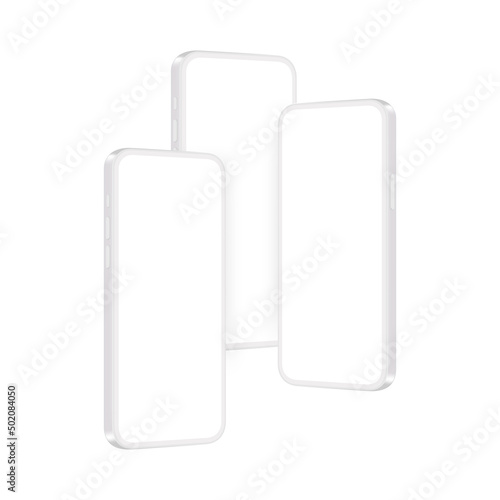 Modern White Clay Smartphones Mockups With Blank Screens, Side Perspective View. Vector Illustration