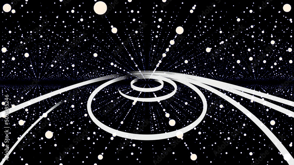 Abstract background with white narrow lines and dots moving on black ...