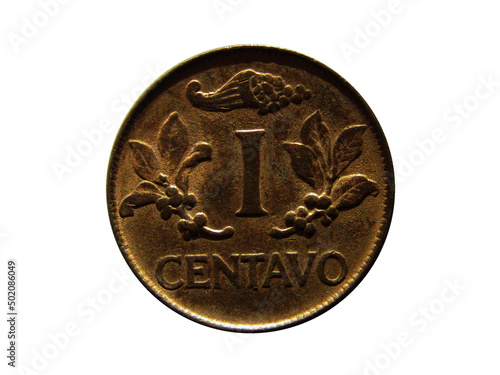 Reverse of Columbia coin, 1 centavo 1969. Isolated in white background. Type KM# 205a.