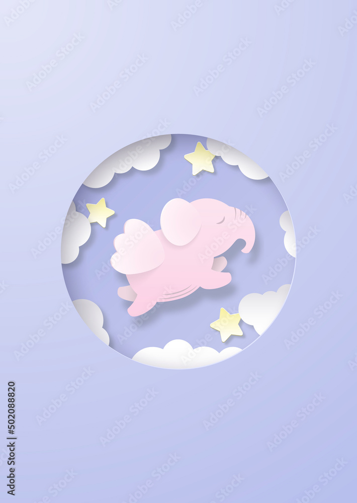 Kids paper cut background with a cute pink sleeping elephant with wings, flying at night in the sky surrounded stars and clouds in a circle. Round illustration in pastel colors with layered elements