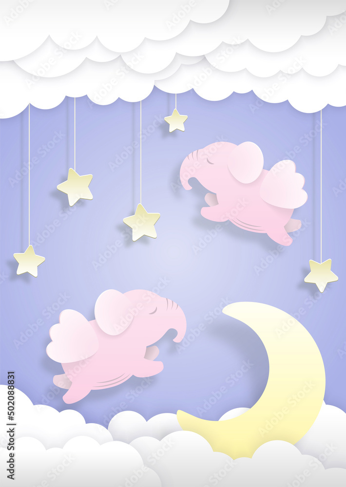 Kids paper cut background with cute pink sleeping elephants with wings, flying at night in the sky surrounded stars, crescent and clouds. Template in pastel colors with layered elements