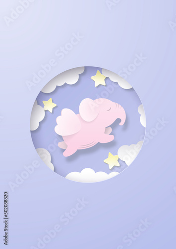 Kids paper cut background with a cute pink sleeping elephant with wings, flying at night in the sky surrounded stars and clouds in a circle. Round illustration in pastel colors with layered elements