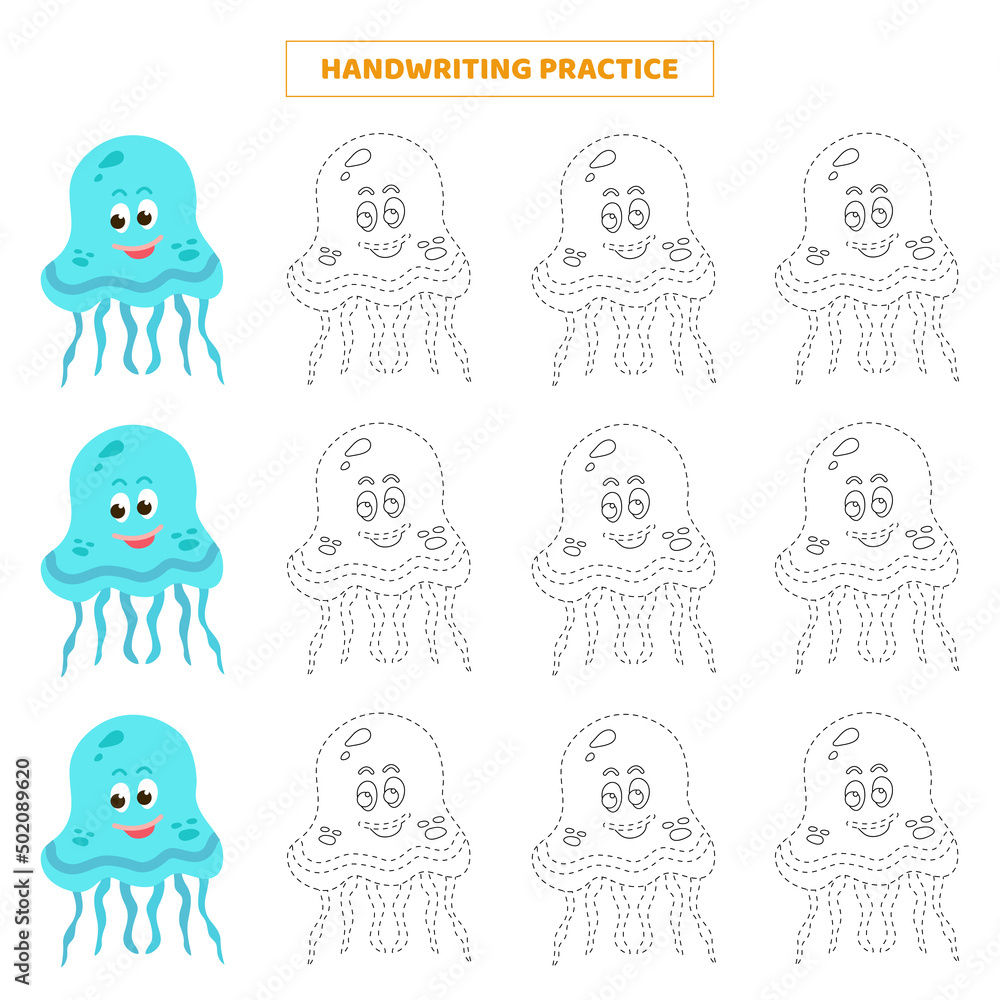 Handwriting practice for kids with cartoon jellyfish.