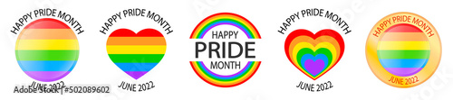 Happy pride month. Set of rainbow icons. Love is love, rainbow flag, lgbt pride. June 2022. Heart-shaped and round logos. Human rights and tolerance