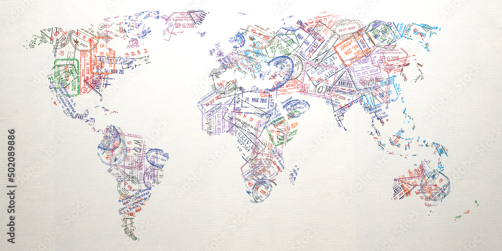 Passport stamps of different visa country in form of world map. Travel, tourism and immigration concept background. - obrazy, fototapety, plakaty 