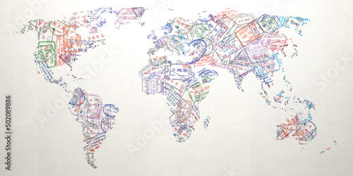 Passport stamps of different visa country in form of world map. Travel, tourism and immigration concept background.
